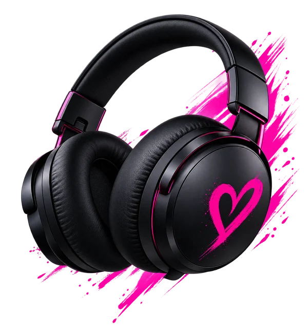 Black headphones with a pink heart.