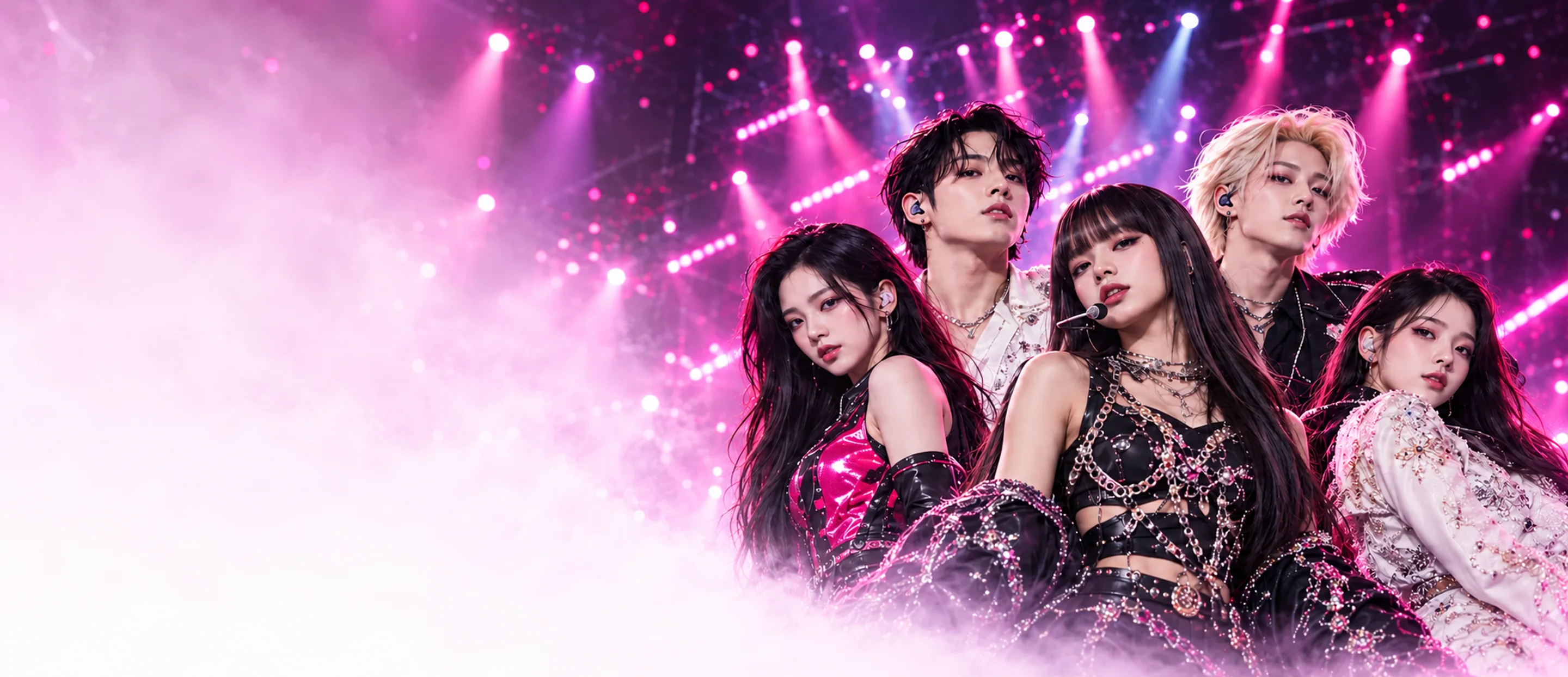 A mashup of five K-pop performers against a stage of vivid pink spotlights.