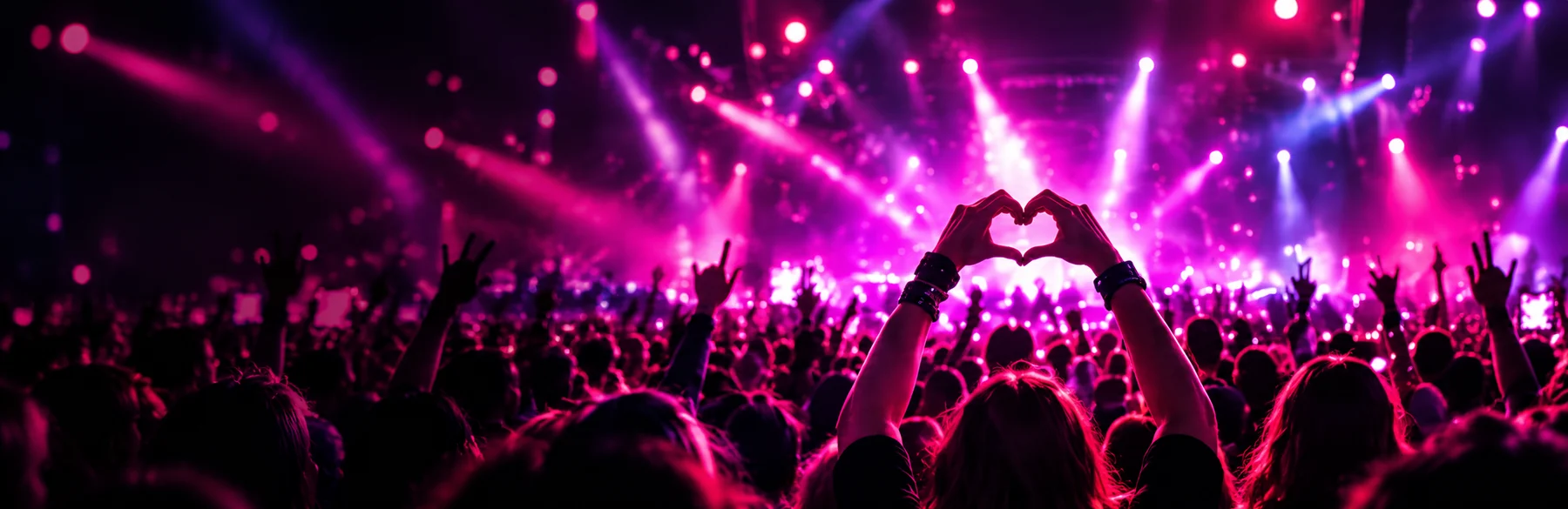 K-pop concert fans with a hand-heart raised towards pink stage lights.