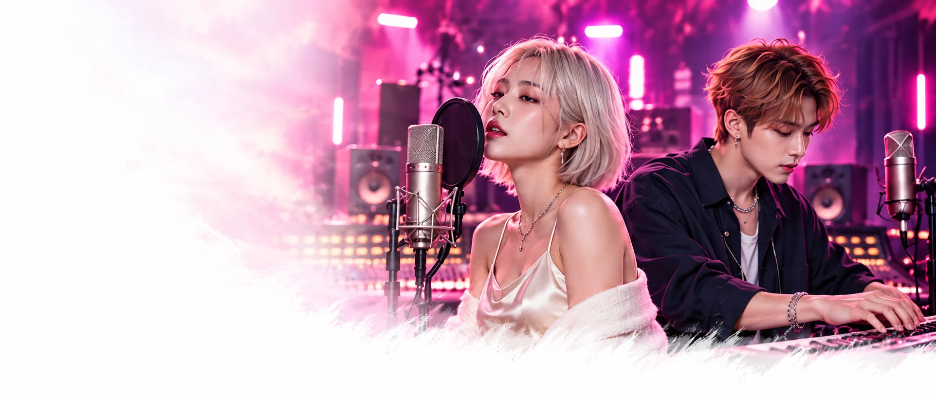 A platinum-haired singer and a copper-haired producer making music in a pink-lit recording studio.