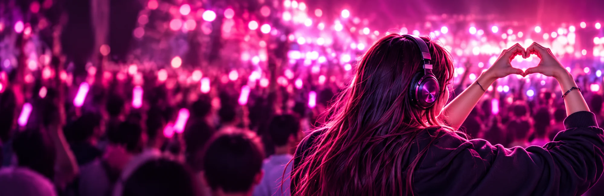 A fan makes a heart gesture in a crowd of pink concert lights.