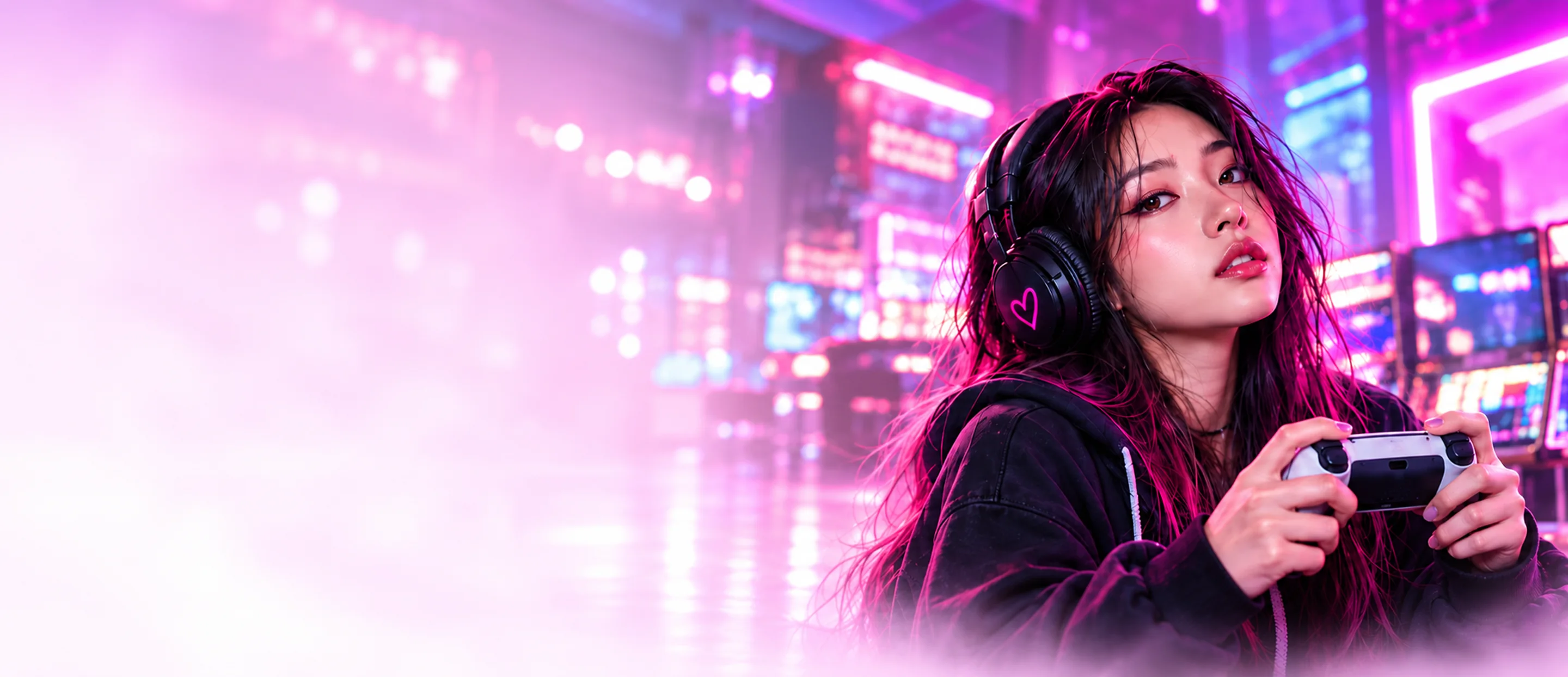 A fan wearing headphones holds a controller in a pink-lit arcade.
