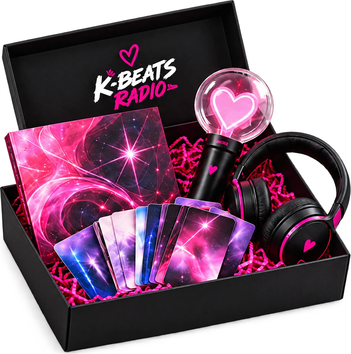 K-Beats fan bundle with an album, collectible cards, a heart lightstick and headphones in a black gift box.