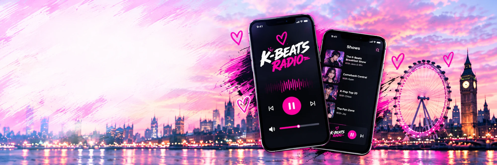 Phones displaying K-Beats Radio against the London skyline at sunset.