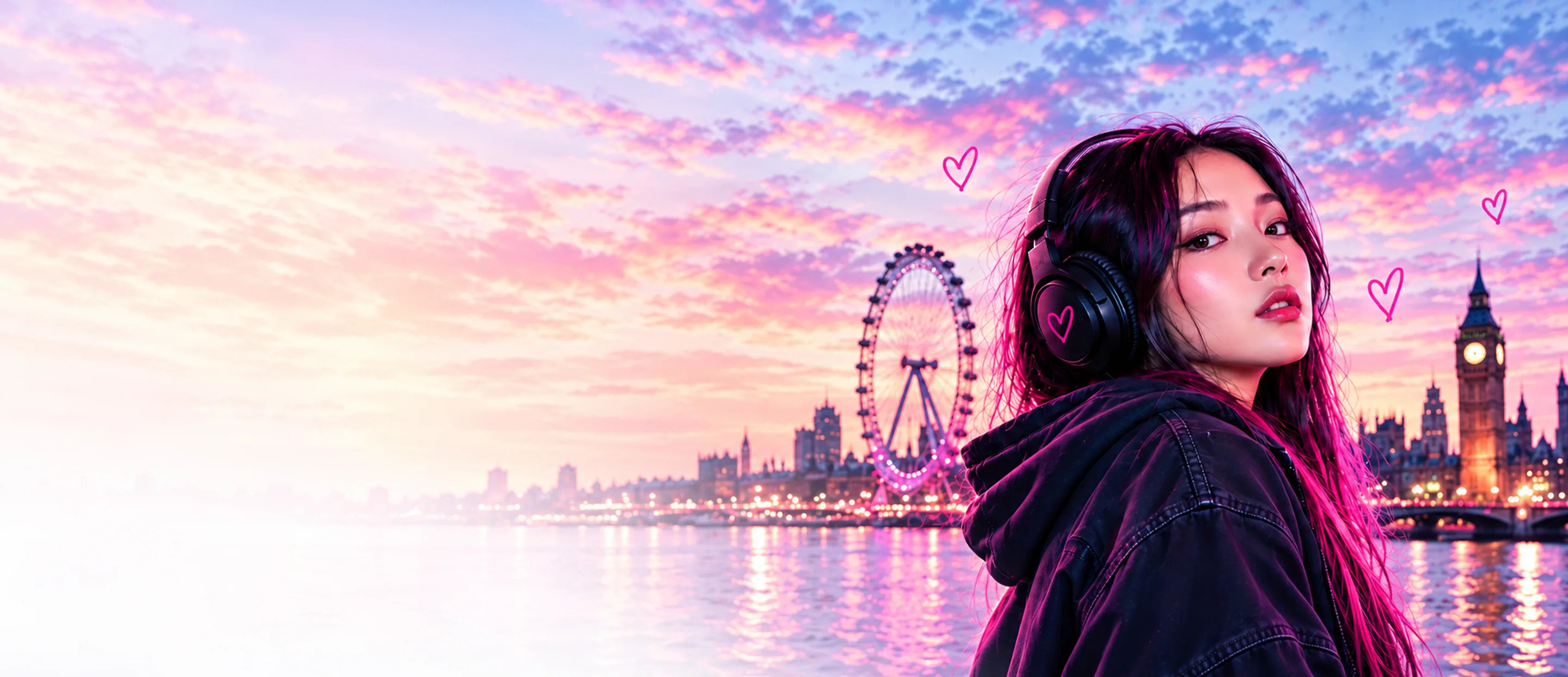 A K-pop fan in headphones beside London's pink sunset skyline.