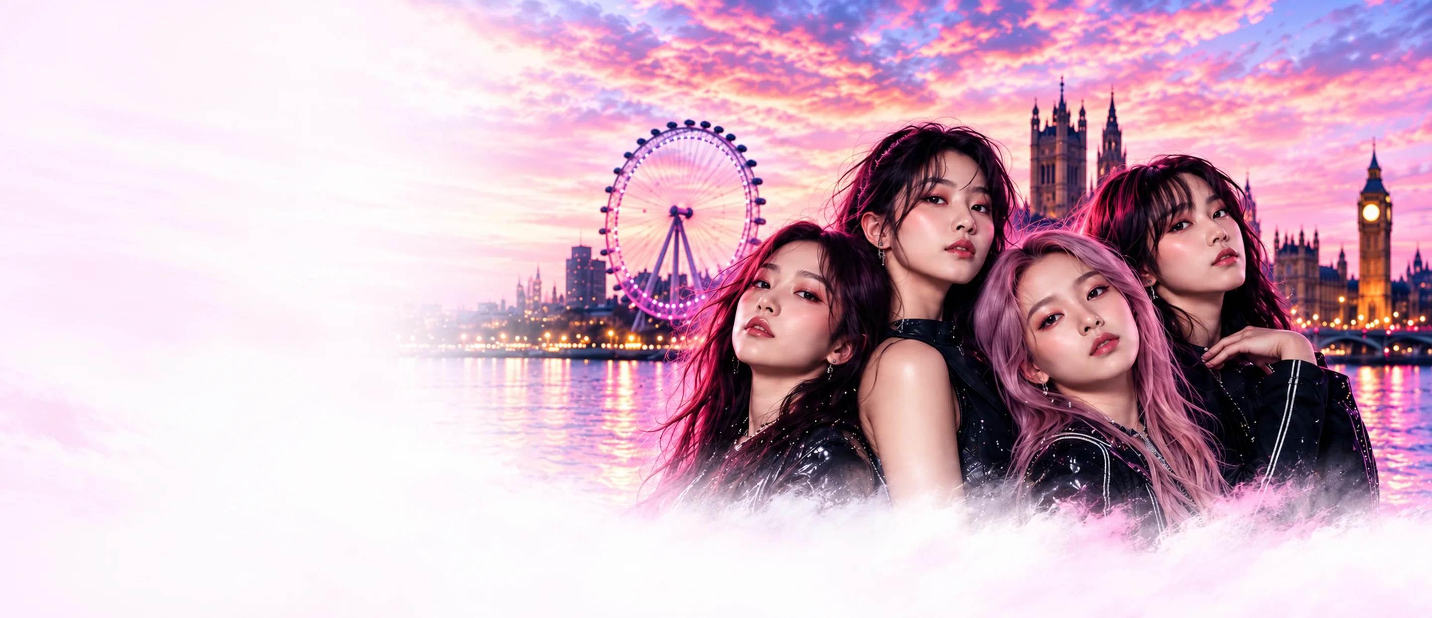 Four K-pop performers in front of a pink London sunset, the London Eye and Big Ben.