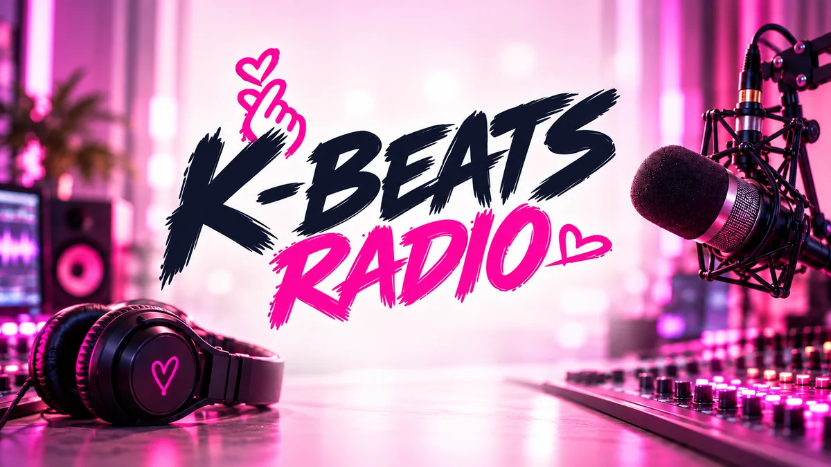 K-Beats Radio logo with a microphone and headphones in a pink-lit radio studio.