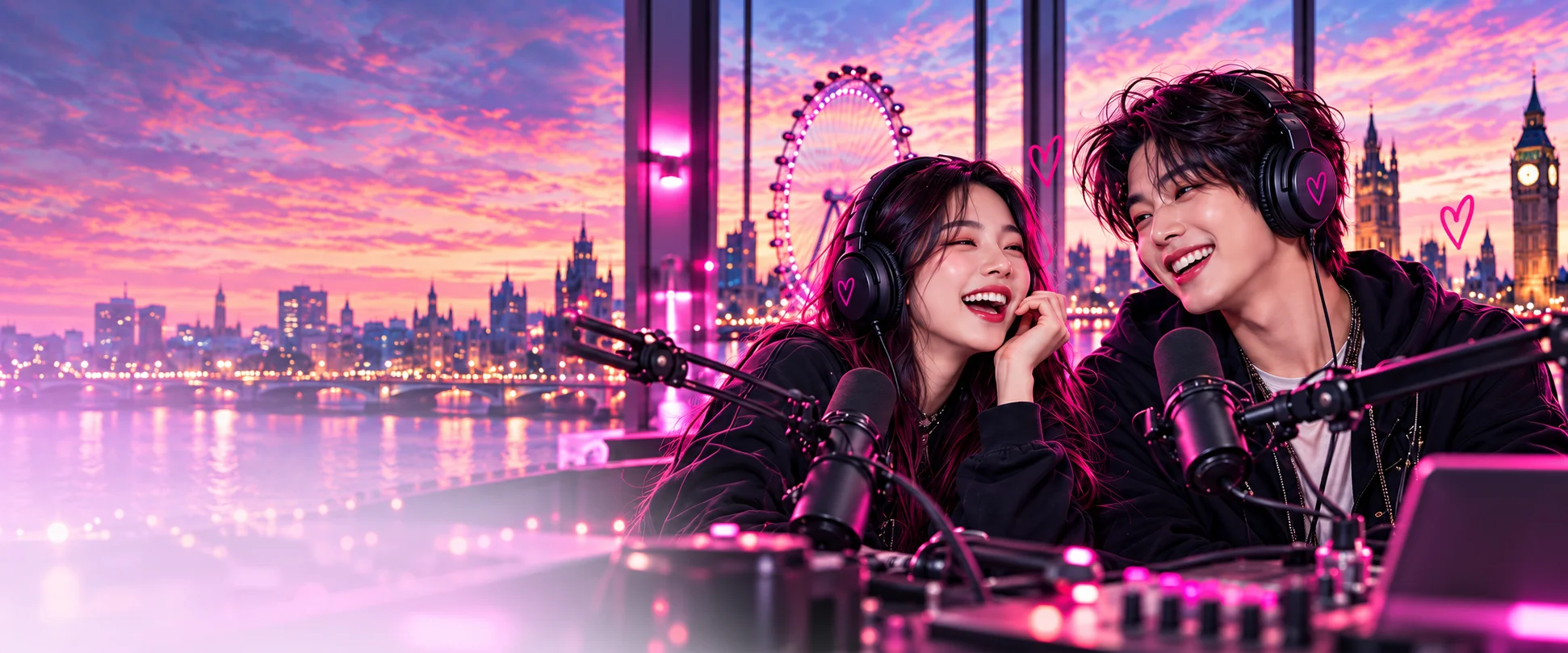 Two hosts laughing together at studio microphones, with the London skyline at a pink sunset behind them.