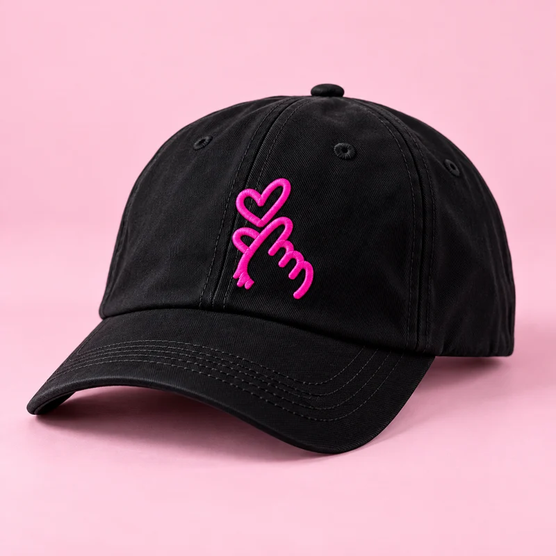 Black baseball cap embroidered with a pink finger-heart.