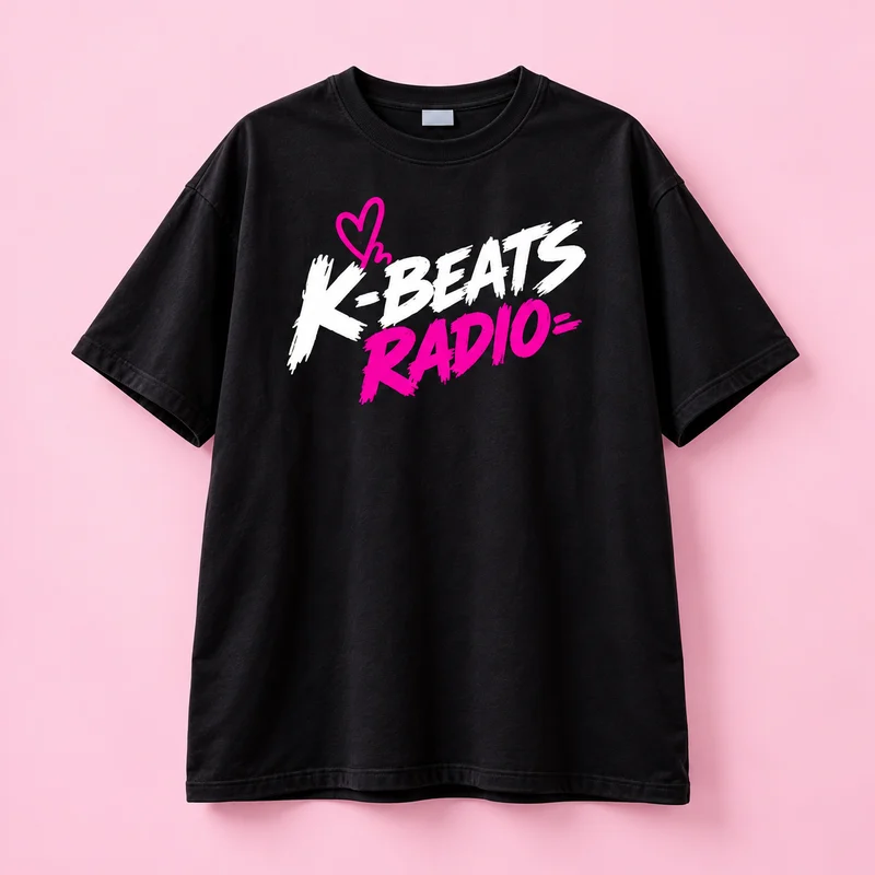 Black T-shirt with a white and pink K-Beats Radio logo.