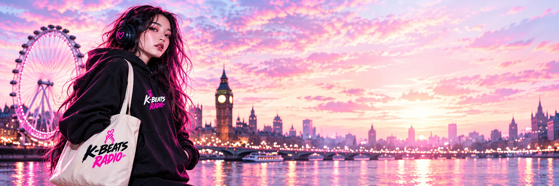 A K-Beats fan carrying a branded canvas tote at a London sunset.