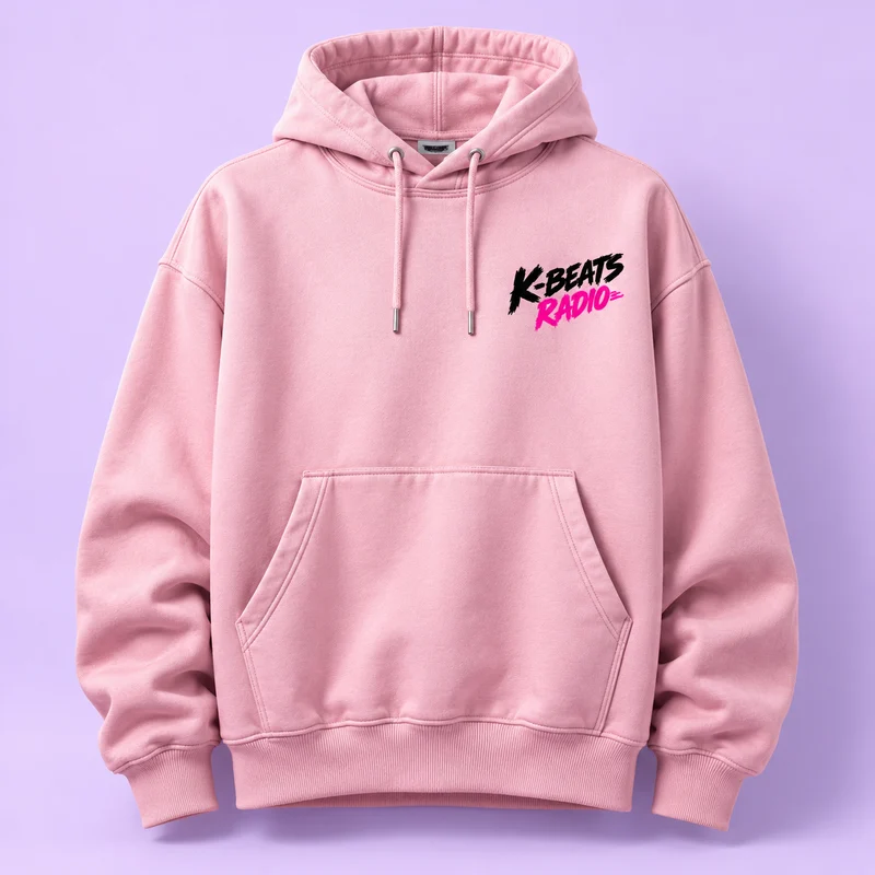 Blush pink hoodie with a small K-Beats Radio logo on the chest.