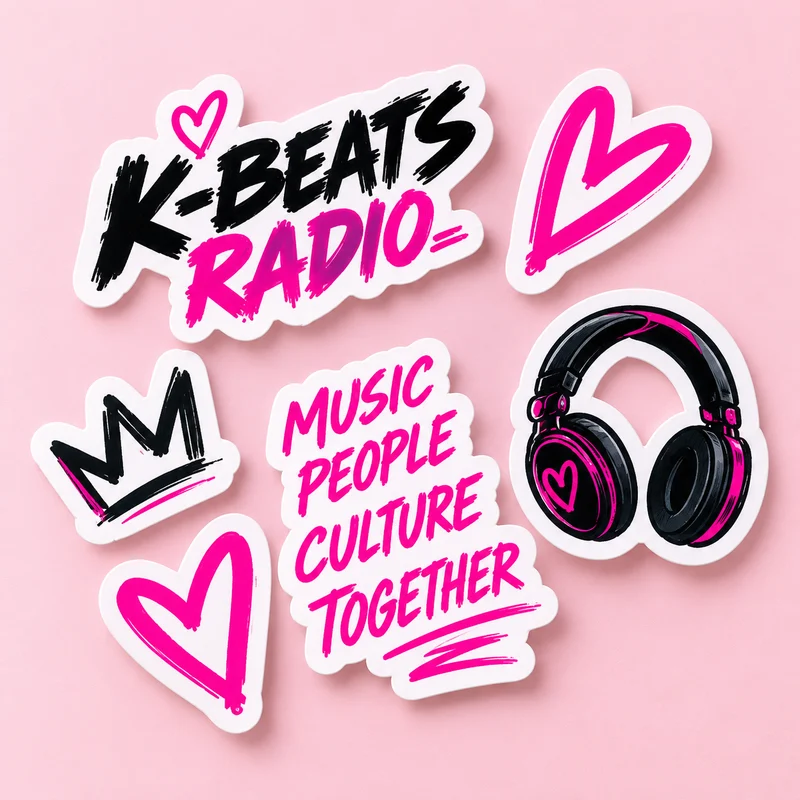 K-Beats Radio logo, headphones, hearts and slogan sticker designs.