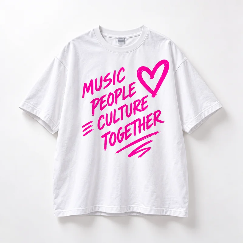 White T-shirt with pink Music People Culture Together lettering and a heart.